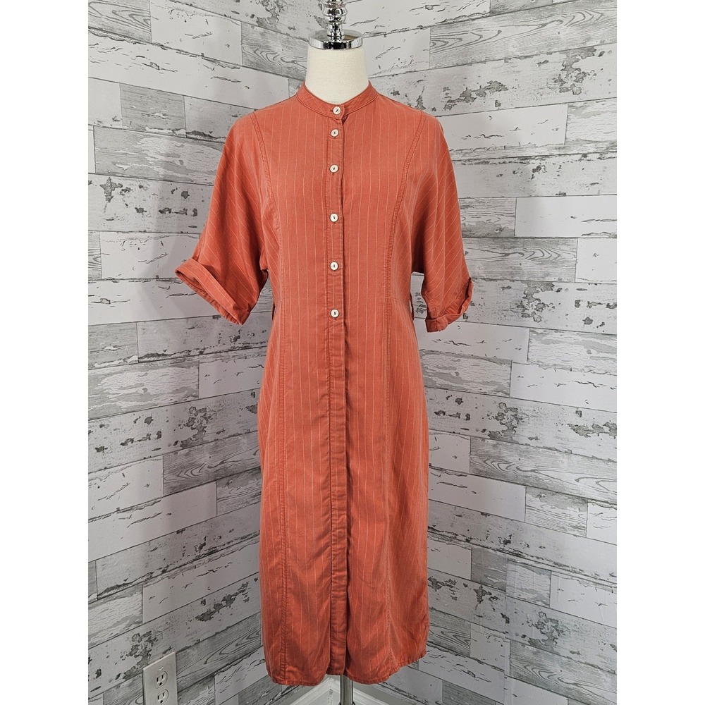 Mango Coral Orange Striped Shirt Midi Dress Womens 4 - Picture 1 of 9